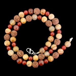 Olivine Fire Agate, Carnelian, & Rudraksha Bead Necklace